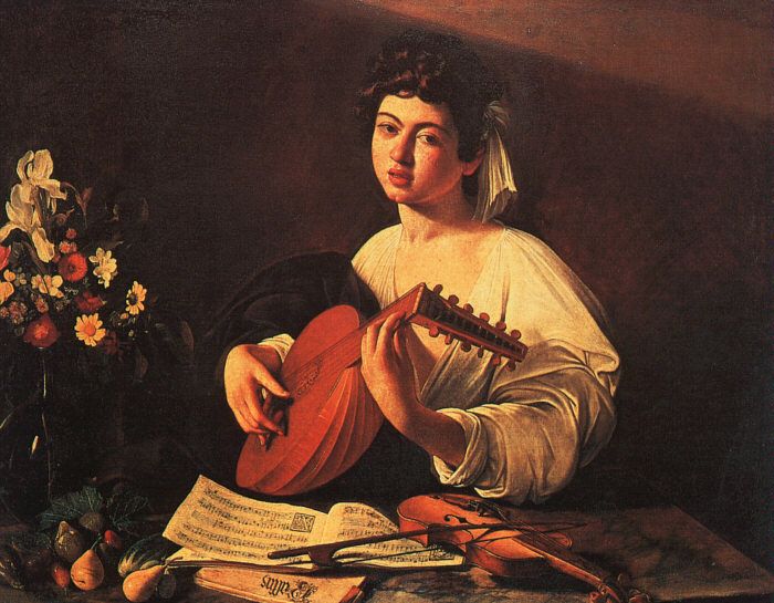 カラヴァッジオ　「リュートを弾く若者」　1596　Oil on canvas, 94 x 119 cm　　ロシア、サンクト・ペテルブルク、エルミタージュ美術館